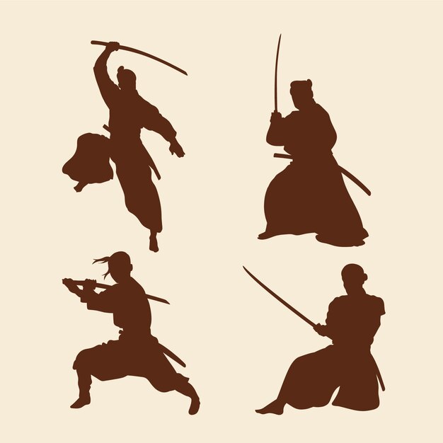 Hand drawn samurai silhouette set