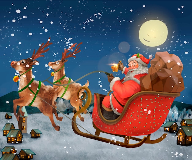 Free Vector hand drawn santa claus riding a sleigh delivering presents