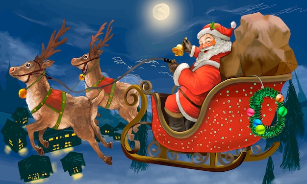 Free Vector hand drawn santa claus riding a sleigh delivering presents