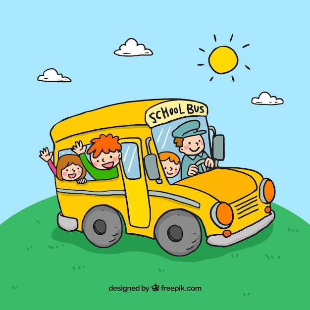 Hand drawn school bus with children