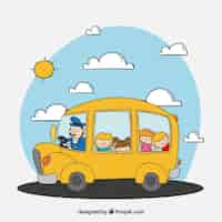 Free vector hand drawn school bus with children