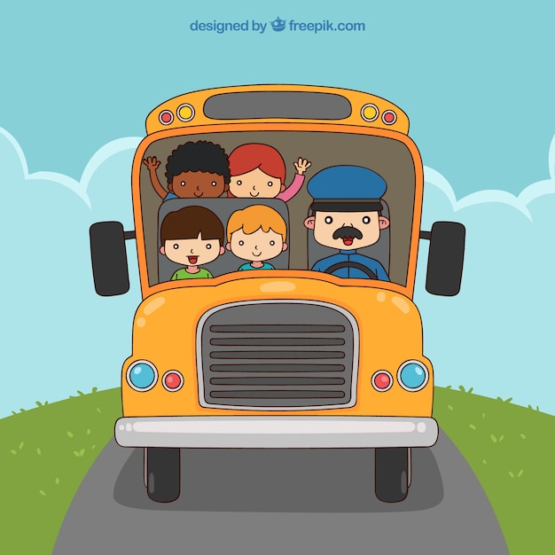 Free vector hand drawn school bus with children