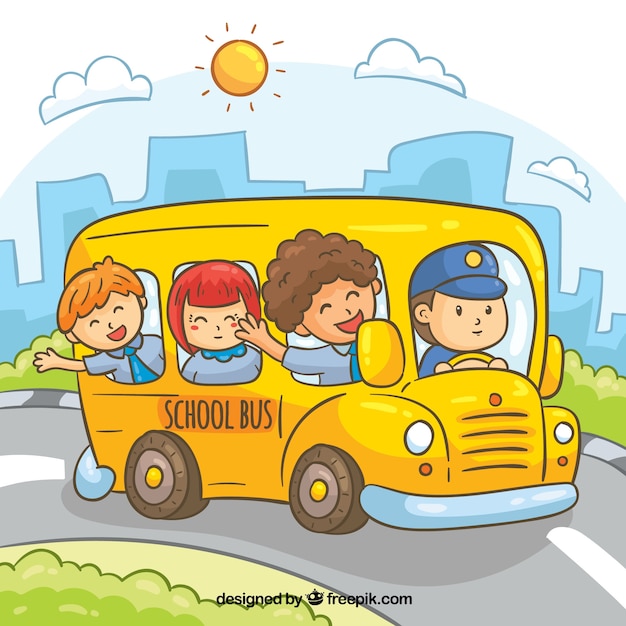 Hand drawn school bus with children