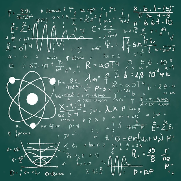 Hand drawn scientific formulas on chalkboard