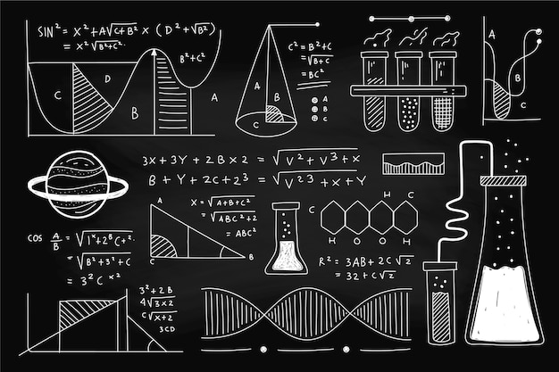 Hand drawn scientific formulas on chalkboard