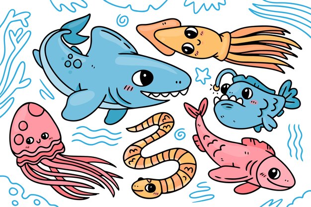 Hand drawn sea animals collection