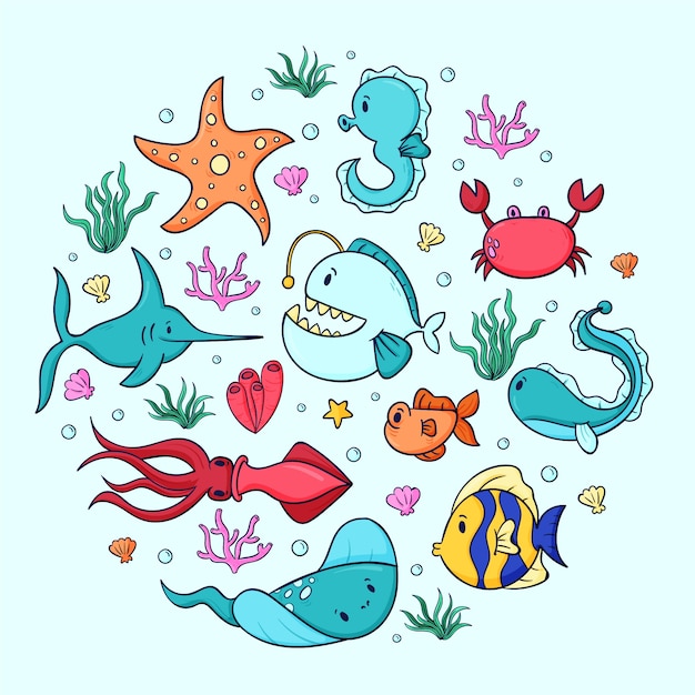 Hand drawn sea animals collection