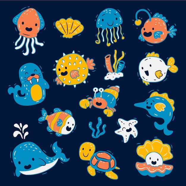 Hand drawn sea animals collection