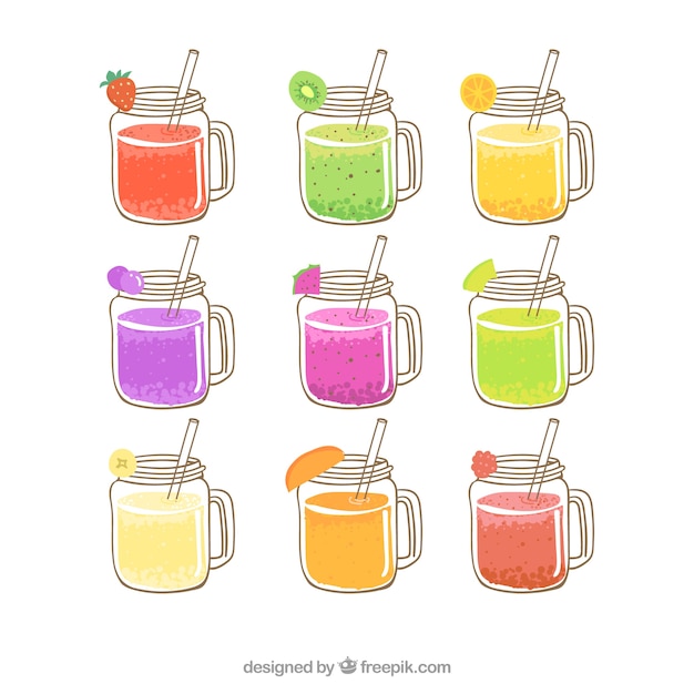 Free vector hand-drawn selection of delicious fruit juices