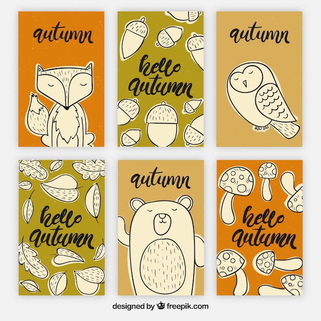 Free Vector hand drawn set of autumn cards