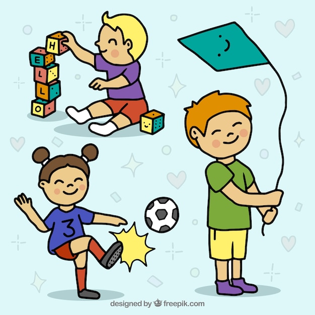 Free Vector hand-drawn set of colored kids playing