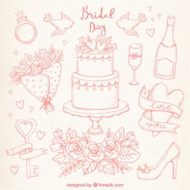 Hand-drawn set of cute wedding elements