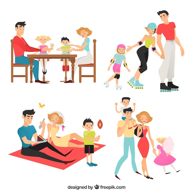 Hand drawn set of families doing different activities