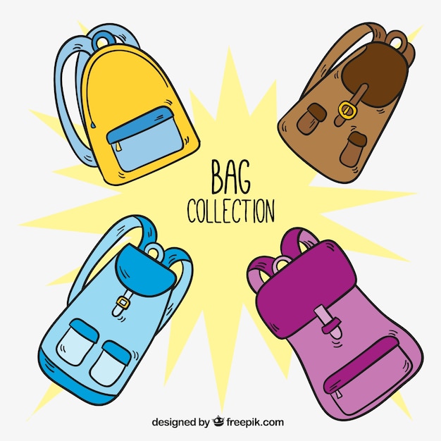 Hand-drawn set of four colorful backpacks