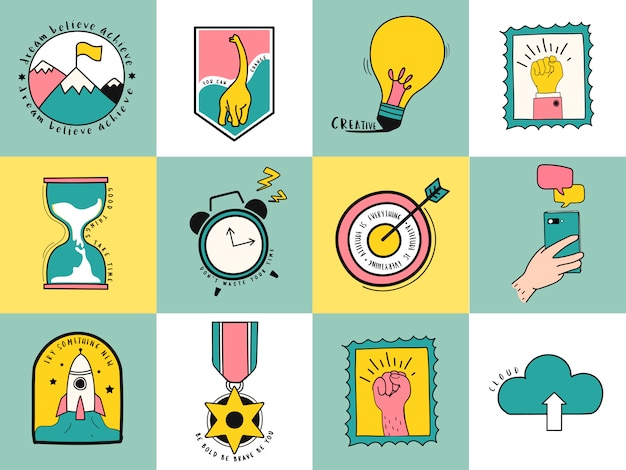 Hand drawn set of idea and business symbols illustration