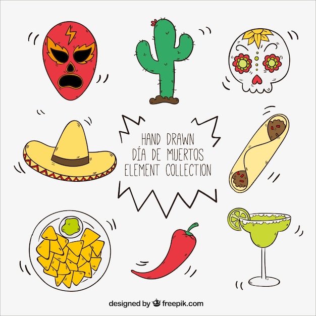 Free Vector hand-drawn set of mexican items