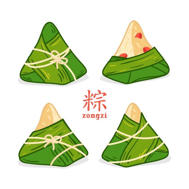 Hand drawn set of wrapped dragon boat's zongzi