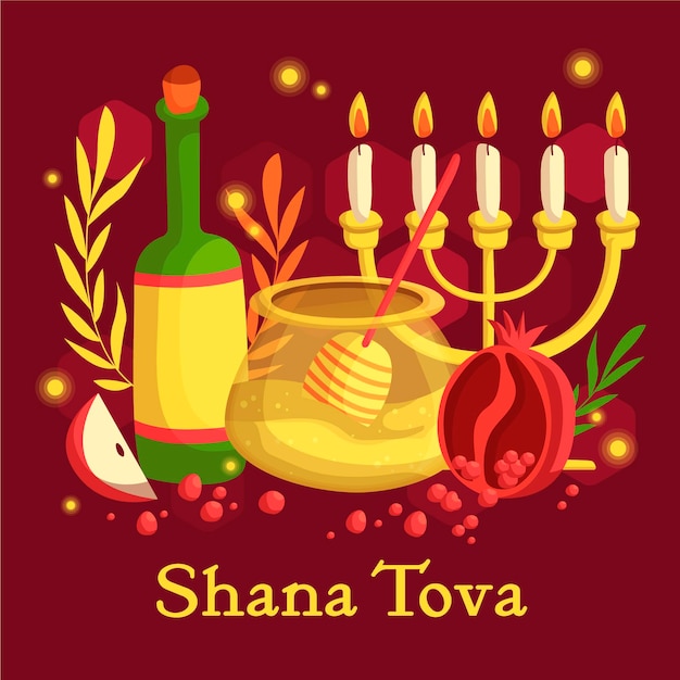 Free Vector hand drawn shana tova with wine and candles