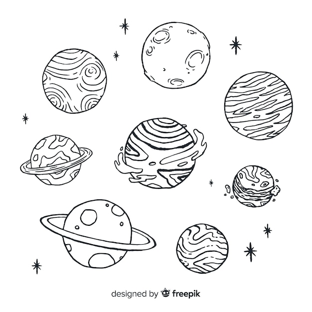 Hand drawn sketch planet collection in doodle style