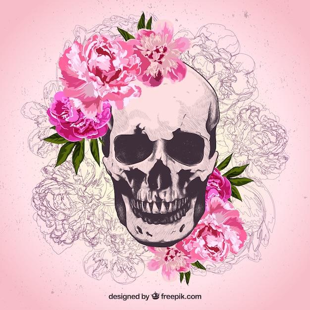 Free vector hand drawn skull and flowers