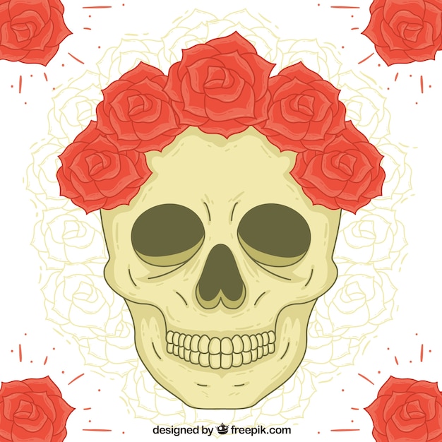 Free Vector hand drawn skull roses background with flowers