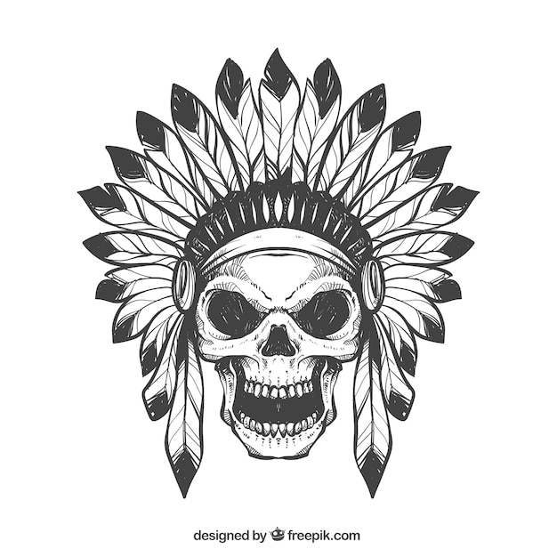 Hand drawn skull with feathers hat 