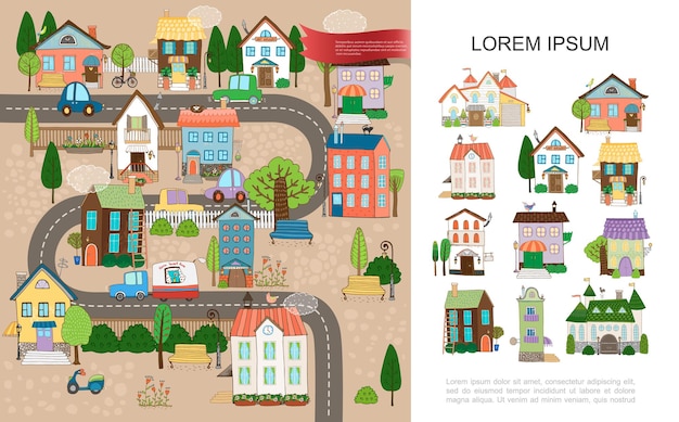 Hand drawn small town concept with estates cottages houses of different architecture trees poles fence benches scooter cars moving on road  illustration,