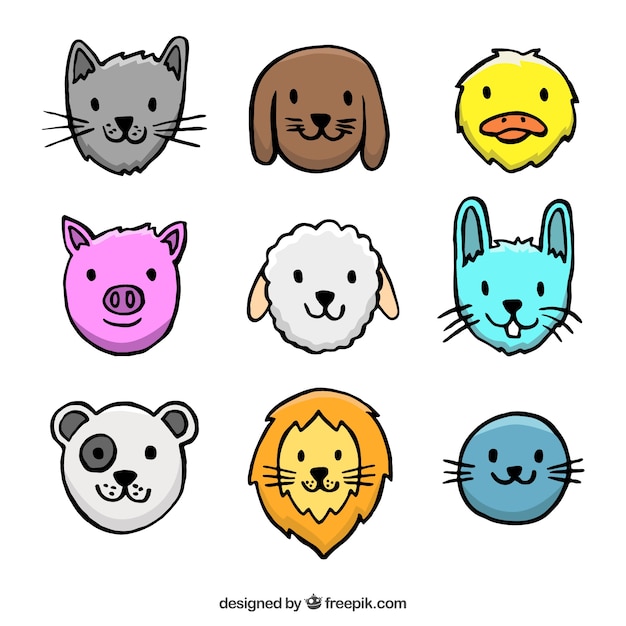 Hand drawn smiling animals avatar collection