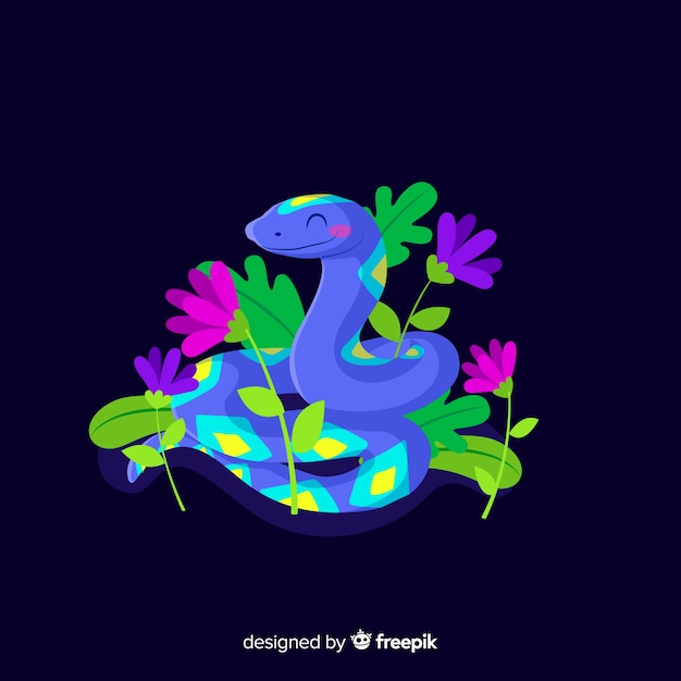 Hand drawn smiling snake with flowers background