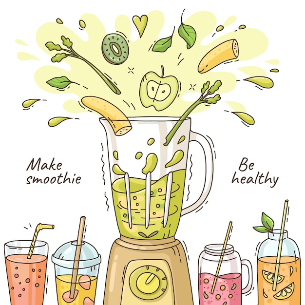 Hand drawn smoothies in blender glass illustration