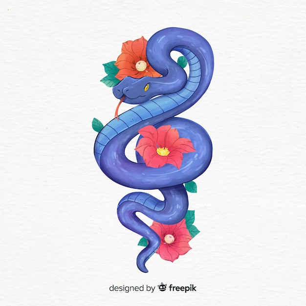 Hand drawn snake and flowers illustration