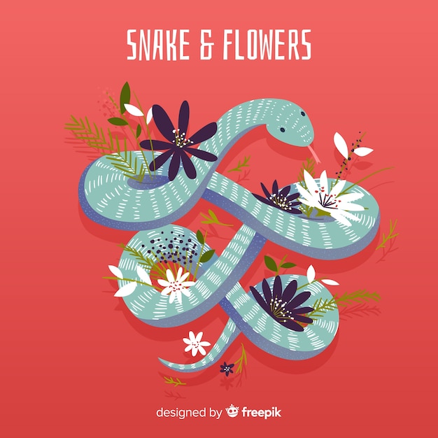 Free Vector hand drawn snake and flowers  illustration