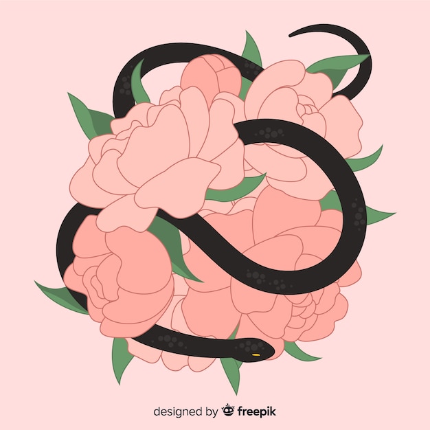 Free Vector hand drawn snake with flowers background