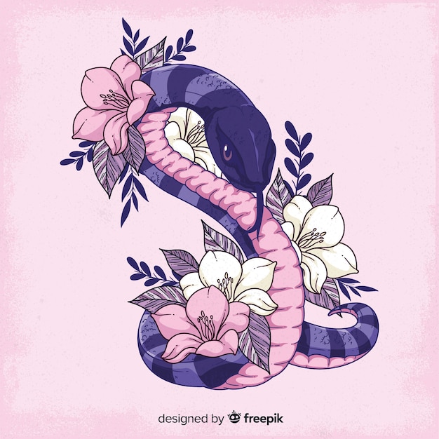 Hand drawn snake with flowers background