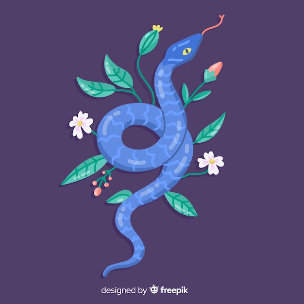 Hand drawn snake with flowers background