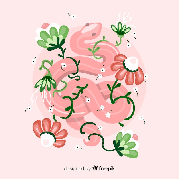 Free Vector hand drawn snake with flowers background