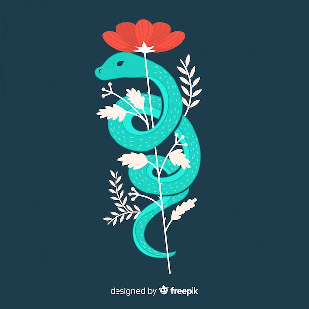 Free Vector hand drawn snake with flowers background