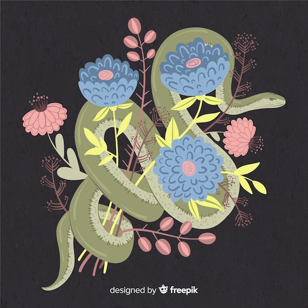 Free Vector hand drawn snake with flowers background