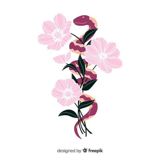 Free Vector hand drawn snake with flowers background