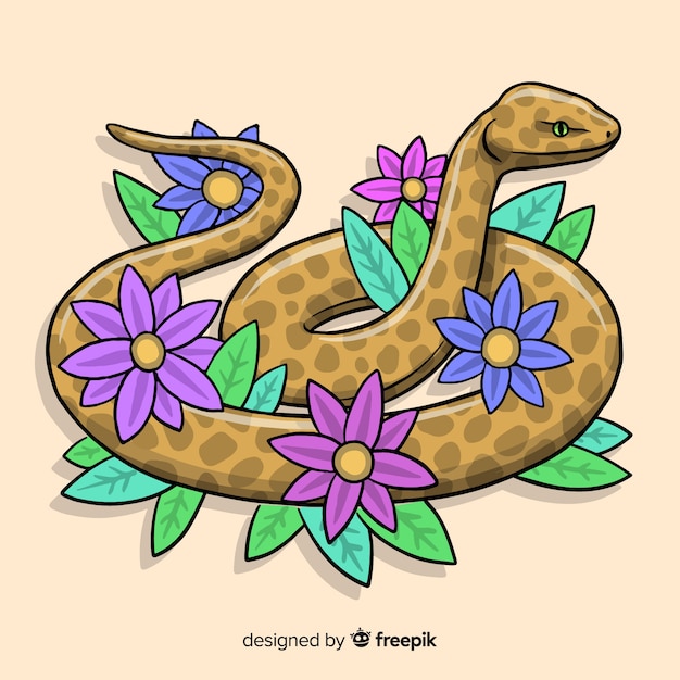 Hand drawn snake with flowers