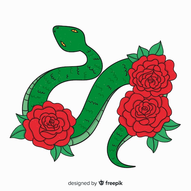 Hand drawn snake with flowers