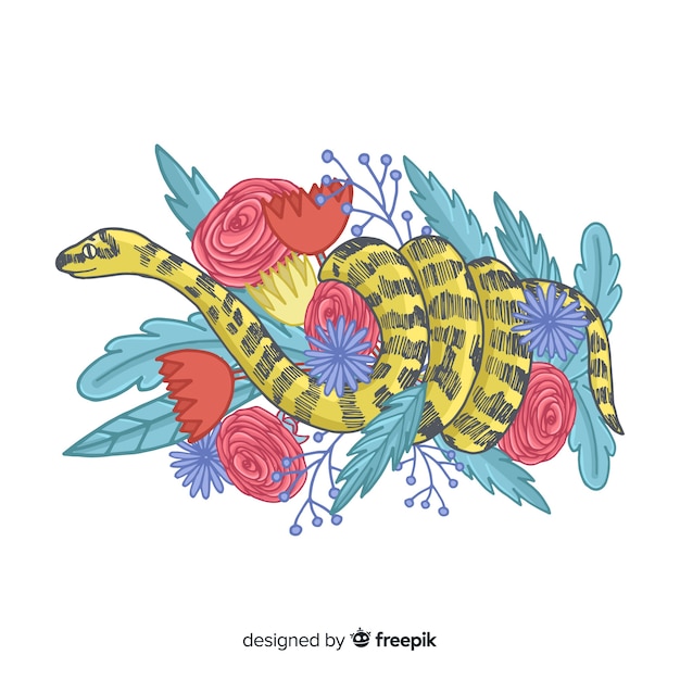 Hand drawn snake with flowers