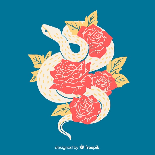 Hand drawn snake with roses background