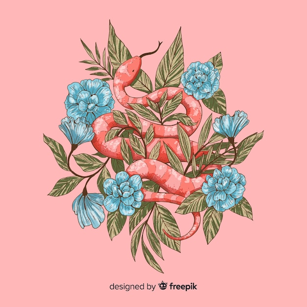 Free Vector hand drawn snake with roses background