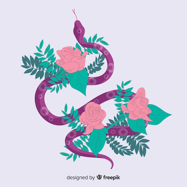 Free Vector hand drawn snake wounded on roses background