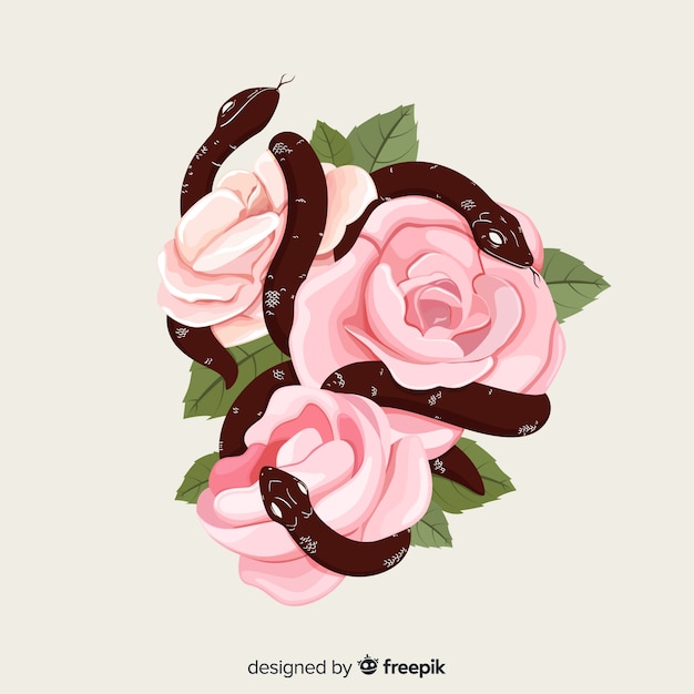 Hand drawn snakes with roses background