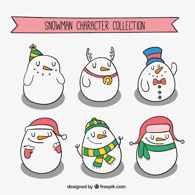 Free vector hand drawn snowmen set with accessories