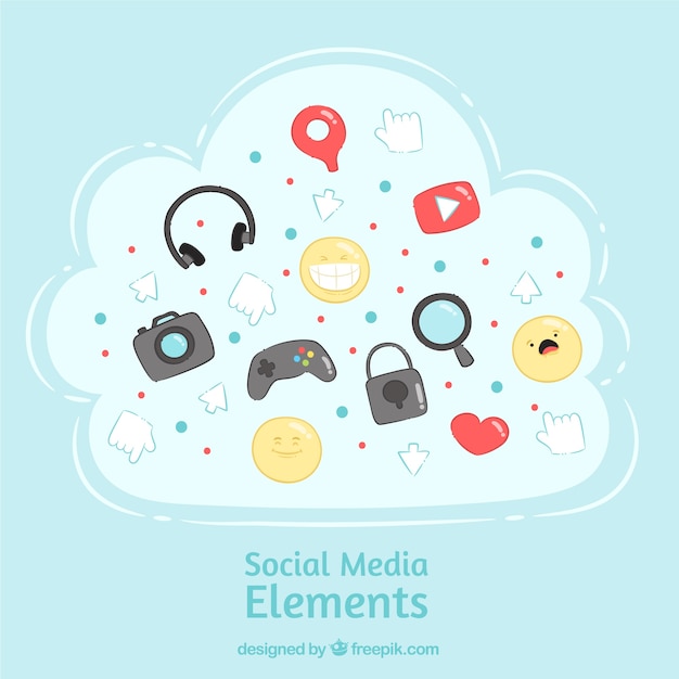 Hand drawn social media elements in a cloud shape