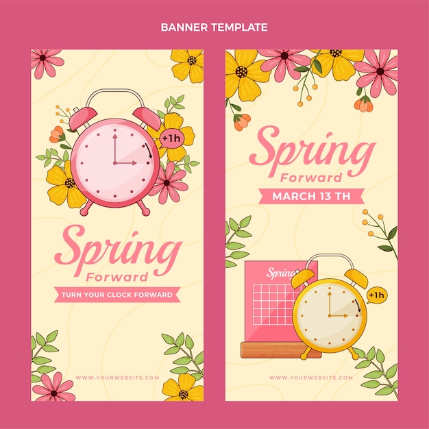 Hand drawn spring forward horizontal floral banners set with clock