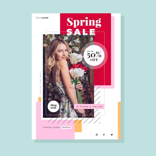 Hand drawn spring sale flyer template with photo